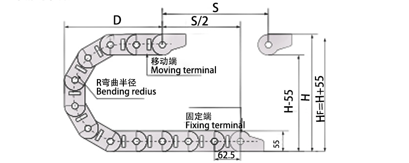 35系列高負(fù)載型拖鏈主要技術(shù)參數(shù)圖